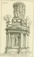 An illustration from Petit uvre d'architecture de Jean Marot, architecte et graveur, ou, Recueil des plans, elevations & coupes de divers anciens edifices de Paris, & de la sépulture des Valois, à S. Denis, avec diverses suites de tombeaux, epitaphes, chapelles, retables d'autels, tabernacles, portes cocheres & autres, &c. & plusieurs petits temples dans le goût antique, qui n'ont jamais paru (1764)
