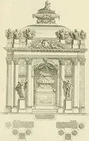 An illustration from Petit uvre d'architecture de Jean Marot, architecte et graveur, ou, Recueil des plans, elevations & coupes de divers anciens edifices de Paris, & de la sépulture des Valois, à S. Denis, avec diverses suites de tombeaux, epitaphes, chapelles, retables d'autels, tabernacles, portes cocheres & autres, &c. & plusieurs petits temples dans le goût antique, qui n'ont jamais paru (1764)