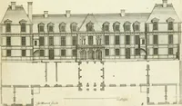 An illustration from Petit uvre d'architecture de Jean Marot, architecte et graveur, ou, Recueil des plans, elevations & coupes de divers anciens edifices de Paris, & de la sépulture des Valois, à S. Denis, avec diverses suites de tombeaux, epitaphes, chapelles, retables d'autels, tabernacles, portes cocheres & autres, &c. & plusieurs petits temples dans le goût antique, qui n'ont jamais paru (1764)
