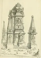 An illustration from Petit uvre d'architecture de Jean Marot, architecte et graveur, ou, Recueil des plans, elevations & coupes de divers anciens edifices de Paris, & de la sépulture des Valois, à S. Denis, avec diverses suites de tombeaux, epitaphes, chapelles, retables d'autels, tabernacles, portes cocheres & autres, &c. & plusieurs petits temples dans le goût antique, qui n'ont jamais paru (1764)