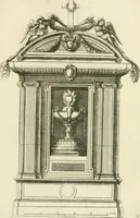 An illustration from Petit uvre d'architecture de Jean Marot, architecte et graveur, ou, Recueil des plans, elevations & coupes de divers anciens edifices de Paris, & de la sépulture des Valois, à S. Denis, avec diverses suites de tombeaux, epitaphes, chapelles, retables d'autels, tabernacles, portes cocheres & autres, &c. & plusieurs petits temples dans le goût antique, qui n'ont jamais paru (1764)