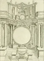 An illustration from Petit uvre d'architecture de Jean Marot, architecte et graveur, ou, Recueil des plans, elevations & coupes de divers anciens edifices de Paris, & de la sépulture des Valois, à S. Denis, avec diverses suites de tombeaux, epitaphes, chapelles, retables d'autels, tabernacles, portes cocheres & autres, &c. & plusieurs petits temples dans le goût antique, qui n'ont jamais paru (1764)
