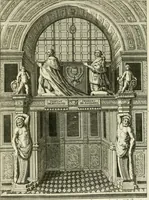 An illustration from Petit uvre d'architecture de Jean Marot, architecte et graveur, ou, Recueil des plans, elevations & coupes de divers anciens edifices de Paris, & de la sépulture des Valois, à S. Denis, avec diverses suites de tombeaux, epitaphes, chapelles, retables d'autels, tabernacles, portes cocheres & autres, &c. & plusieurs petits temples dans le goût antique, qui n'ont jamais paru (1764)