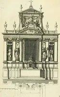 An illustration from Petit uvre d'architecture de Jean Marot, architecte et graveur, ou, Recueil des plans, elevations & coupes de divers anciens edifices de Paris, & de la sépulture des Valois, à S. Denis, avec diverses suites de tombeaux, epitaphes, chapelles, retables d'autels, tabernacles, portes cocheres & autres, &c. & plusieurs petits temples dans le goût antique, qui n'ont jamais paru (1764)