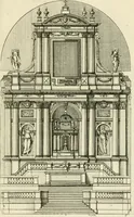 An illustration from Petit uvre d'architecture de Jean Marot, architecte et graveur, ou, Recueil des plans, elevations & coupes de divers anciens edifices de Paris, & de la sépulture des Valois, à S. Denis, avec diverses suites de tombeaux, epitaphes, chapelles, retables d'autels, tabernacles, portes cocheres & autres, &c. & plusieurs petits temples dans le goût antique, qui n'ont jamais paru (1764)