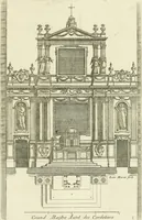 An illustration from Petit uvre d'architecture de Jean Marot, architecte et graveur, ou, Recueil des plans, elevations & coupes de divers anciens edifices de Paris, & de la sépulture des Valois, à S. Denis, avec diverses suites de tombeaux, epitaphes, chapelles, retables d'autels, tabernacles, portes cocheres & autres, &c. & plusieurs petits temples dans le goût antique, qui n'ont jamais paru (1764)