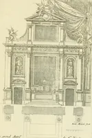 An illustration from Petit uvre d'architecture de Jean Marot, architecte et graveur, ou, Recueil des plans, elevations & coupes de divers anciens edifices de Paris, & de la sépulture des Valois, à S. Denis, avec diverses suites de tombeaux, epitaphes, chapelles, retables d'autels, tabernacles, portes cocheres & autres, &c. & plusieurs petits temples dans le goût antique, qui n'ont jamais paru (1764)
