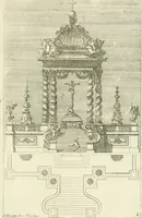 An illustration from Petit uvre d'architecture de Jean Marot, architecte et graveur, ou, Recueil des plans, elevations & coupes de divers anciens edifices de Paris, & de la sépulture des Valois, à S. Denis, avec diverses suites de tombeaux, epitaphes, chapelles, retables d'autels, tabernacles, portes cocheres & autres, &c. & plusieurs petits temples dans le goût antique, qui n'ont jamais paru (1764)