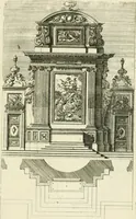 An illustration from Petit uvre d'architecture de Jean Marot, architecte et graveur, ou, Recueil des plans, elevations & coupes de divers anciens edifices de Paris, & de la sépulture des Valois, à S. Denis, avec diverses suites de tombeaux, epitaphes, chapelles, retables d'autels, tabernacles, portes cocheres & autres, &c. & plusieurs petits temples dans le goût antique, qui n'ont jamais paru (1764)