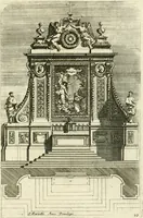 An illustration from Petit uvre d'architecture de Jean Marot, architecte et graveur, ou, Recueil des plans, elevations & coupes de divers anciens edifices de Paris, & de la sépulture des Valois, à S. Denis, avec diverses suites de tombeaux, epitaphes, chapelles, retables d'autels, tabernacles, portes cocheres & autres, &c. & plusieurs petits temples dans le goût antique, qui n'ont jamais paru (1764)