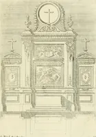 An illustration from Petit uvre d'architecture de Jean Marot, architecte et graveur, ou, Recueil des plans, elevations & coupes de divers anciens edifices de Paris, & de la sépulture des Valois, à S. Denis, avec diverses suites de tombeaux, epitaphes, chapelles, retables d'autels, tabernacles, portes cocheres & autres, &c. & plusieurs petits temples dans le goût antique, qui n'ont jamais paru (1764)