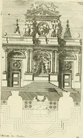 An illustration from Petit uvre d'architecture de Jean Marot, architecte et graveur, ou, Recueil des plans, elevations & coupes de divers anciens edifices de Paris, & de la sépulture des Valois, à S. Denis, avec diverses suites de tombeaux, epitaphes, chapelles, retables d'autels, tabernacles, portes cocheres & autres, &c. & plusieurs petits temples dans le goût antique, qui n'ont jamais paru (1764)