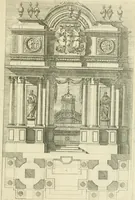An illustration from Petit uvre d'architecture de Jean Marot, architecte et graveur, ou, Recueil des plans, elevations & coupes de divers anciens edifices de Paris, & de la sépulture des Valois, à S. Denis, avec diverses suites de tombeaux, epitaphes, chapelles, retables d'autels, tabernacles, portes cocheres & autres, &c. & plusieurs petits temples dans le goût antique, qui n'ont jamais paru (1764)