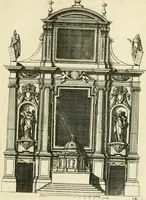 An illustration from Petit uvre d'architecture de Jean Marot, architecte et graveur, ou, Recueil des plans, elevations & coupes de divers anciens edifices de Paris, & de la sépulture des Valois, à S. Denis, avec diverses suites de tombeaux, epitaphes, chapelles, retables d'autels, tabernacles, portes cocheres & autres, &c. & plusieurs petits temples dans le goût antique, qui n'ont jamais paru (1764)