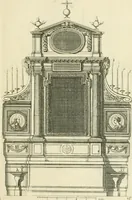 An illustration from Petit uvre d'architecture de Jean Marot, architecte et graveur, ou, Recueil des plans, elevations & coupes de divers anciens edifices de Paris, & de la sépulture des Valois, à S. Denis, avec diverses suites de tombeaux, epitaphes, chapelles, retables d'autels, tabernacles, portes cocheres & autres, &c. & plusieurs petits temples dans le goût antique, qui n'ont jamais paru (1764)