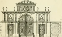 An illustration from Petit uvre d'architecture de Jean Marot, architecte et graveur, ou, Recueil des plans, elevations & coupes de divers anciens edifices de Paris, & de la sépulture des Valois, à S. Denis, avec diverses suites de tombeaux, epitaphes, chapelles, retables d'autels, tabernacles, portes cocheres & autres, &c. & plusieurs petits temples dans le goût antique, qui n'ont jamais paru (1764)