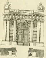 An illustration from Petit uvre d'architecture de Jean Marot, architecte et graveur, ou, Recueil des plans, elevations & coupes de divers anciens edifices de Paris, & de la sépulture des Valois, à S. Denis, avec diverses suites de tombeaux, epitaphes, chapelles, retables d'autels, tabernacles, portes cocheres & autres, &c. & plusieurs petits temples dans le goût antique, qui n'ont jamais paru (1764)