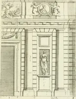 An illustration from Petit uvre d'architecture de Jean Marot, architecte et graveur, ou, Recueil des plans, elevations & coupes de divers anciens edifices de Paris, & de la sépulture des Valois, à S. Denis, avec diverses suites de tombeaux, epitaphes, chapelles, retables d'autels, tabernacles, portes cocheres & autres, &c. & plusieurs petits temples dans le goût antique, qui n'ont jamais paru (1764)