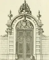 An illustration from Petit uvre d'architecture de Jean Marot, architecte et graveur, ou, Recueil des plans, elevations & coupes de divers anciens edifices de Paris, & de la sépulture des Valois, à S. Denis, avec diverses suites de tombeaux, epitaphes, chapelles, retables d'autels, tabernacles, portes cocheres & autres, &c. & plusieurs petits temples dans le goût antique, qui n'ont jamais paru (1764)