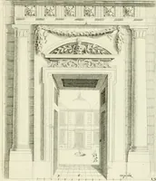 An illustration from Petit uvre d'architecture de Jean Marot, architecte et graveur, ou, Recueil des plans, elevations & coupes de divers anciens edifices de Paris, & de la sépulture des Valois, à S. Denis, avec diverses suites de tombeaux, epitaphes, chapelles, retables d'autels, tabernacles, portes cocheres & autres, &c. & plusieurs petits temples dans le goût antique, qui n'ont jamais paru (1764)