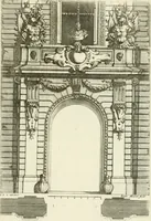 An illustration from Petit uvre d'architecture de Jean Marot, architecte et graveur, ou, Recueil des plans, elevations & coupes de divers anciens edifices de Paris, & de la sépulture des Valois, à S. Denis, avec diverses suites de tombeaux, epitaphes, chapelles, retables d'autels, tabernacles, portes cocheres & autres, &c. & plusieurs petits temples dans le goût antique, qui n'ont jamais paru (1764)
