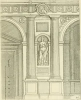An illustration from Petit uvre d'architecture de Jean Marot, architecte et graveur, ou, Recueil des plans, elevations & coupes de divers anciens edifices de Paris, & de la sépulture des Valois, à S. Denis, avec diverses suites de tombeaux, epitaphes, chapelles, retables d'autels, tabernacles, portes cocheres & autres, &c. & plusieurs petits temples dans le goût antique, qui n'ont jamais paru (1764)