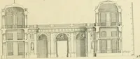 An illustration from Petit uvre d'architecture de Jean Marot, architecte et graveur, ou, Recueil des plans, elevations & coupes de divers anciens edifices de Paris, & de la sépulture des Valois, à S. Denis, avec diverses suites de tombeaux, epitaphes, chapelles, retables d'autels, tabernacles, portes cocheres & autres, &c. & plusieurs petits temples dans le goût antique, qui n'ont jamais paru (1764)