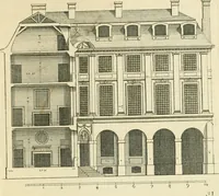 An illustration from Petit uvre d'architecture de Jean Marot, architecte et graveur, ou, Recueil des plans, elevations & coupes de divers anciens edifices de Paris, & de la sépulture des Valois, à S. Denis, avec diverses suites de tombeaux, epitaphes, chapelles, retables d'autels, tabernacles, portes cocheres & autres, &c. & plusieurs petits temples dans le goût antique, qui n'ont jamais paru (1764)