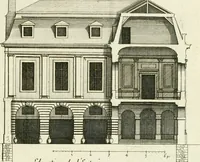An illustration from Petit uvre d'architecture de Jean Marot, architecte et graveur, ou, Recueil des plans, elevations & coupes de divers anciens edifices de Paris, & de la sépulture des Valois, à S. Denis, avec diverses suites de tombeaux, epitaphes, chapelles, retables d'autels, tabernacles, portes cocheres & autres, &c. & plusieurs petits temples dans le goût antique, qui n'ont jamais paru (1764)