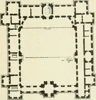 An illustration from Petit uvre d'architecture de Jean Marot, architecte et graveur, ou, Recueil des plans, elevations & coupes de divers anciens edifices de Paris, & de la sépulture des Valois, à S. Denis, avec diverses suites de tombeaux, epitaphes, chapelles, retables d'autels, tabernacles, portes cocheres & autres, &c. & plusieurs petits temples dans le goût antique, qui n'ont jamais paru (1764)