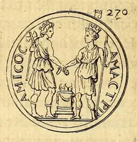 An illustration from Petri Petiti, philosophi, & Doct. medici De Amazonibus dissertatio, : quâ an verè extiterint, necne, variis ultro citroque conjecturis & argumentis disputatur. Multa etiam ad eam gentem pertinentia, ex antiquis monumentis eruuntur atque illustrantur (1685)