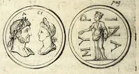 An illustration from Petri Petiti, philosophi & doct. medici, De Amazonibus dissertatio, quâ an verè extiterint, necne, variis ultro citroque conjecturis & argumentis disputatur. Multa etiam ad eam gentem pertinentia, ex antiquis monumentis eruuntur atque illustrantur (1685)