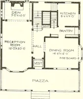 An illustration from The plan book of American dwellings : being a compilation of original home designs, showing actual photographic exteriors and floor plans of moderately priced bungalows, cottages, residences (1914)