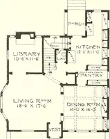 An illustration from The plan book of American dwellings : being a compilation of original home designs, showing actual photographic exteriors and floor plans of moderately priced bungalows, cottages, residences (1914)