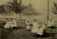 An illustration from Play, comprising games for the kindergarten, playground, schoolroom and college; how to coach and play girls' basket-ball, etc (1912)
