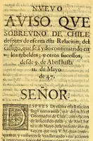 An illustration from Poblacion de Baldivia. : Motivos, y medios para aquella fundacion. Defensas del Reyno del Peru; para resistir las inuasiones enemigas en mar, y tierra. : Pazes pedidas por los indios rebeldes de Chile, acetadas, y capituladas por el Gouernador: y estado que tienen hasta nueue de abril del año de 1647. 1647. Por el padre maestro fray Miguel de Aguirre, del Orden de S. Agustin, calificador del Santo Oficio, catedratico de prima de teologia escolastica en la Real Vniuersidad de los Reyes. (1647)