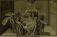 An illustration from A political and satirical history of the years 1756 and 1757 : in a series of seventy-five humorous and entertaining prints, containing all the most remarkable transactions, characters and caricaturas of those two memorable years, to which is annexed, an explanatory account or key to every print, which renders the whole full and significant (1758)