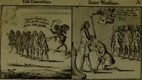 An illustration from A political and satirical history of the years 1756 and 1757 : in a series of seventy-five humorous and entertaining prints, containing all the most remarkable transactions, characters and caricaturas of those two memorable years, to which is annexed, an explanatory account or key to every print, which renders the whole full and significant (1758)