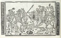 An illustration from P. Ouidii Metamorphosis : cum luculentissimis Raphaelis Regij enarrationibus : quibus cũ alia q̃da[m] ascripta sunt : q̃ in exemplarib[us] antea impressis nom inueniuntur : tum eorum apologia : q̃ fuerant a quibusdam reprehensa (1517)