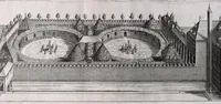 An illustration from Practical perspective; or, Perspective made easie. Teaching by the opticks, how to delineate all bodies, buildings, or landskips, &c. By the catoptricks, how to delineate confused appearances, so as when seen in a mirror or pollisht body of any intended shape, the reflection shall shew a designe. By the dioptircks [sic], how to draw parts of many figures into one, when seen through a glass or christal cut into many faces.. (1670)