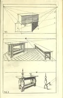 An illustration from Practical perspective; or, Perspective made easie. Teaching by the opticks, how to delineate all bodies, buildings, or landskips, &c. By the catoptricks, how to delineate confused appearances, so as when seen in a mirror or pollisht body of any intended shape, the reflection shall shew a designe. By the dioptircks [sic], how to draw parts of many figures into one, when seen through a glass or christal cut into many faces.. (1670)