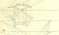 An illustration from Practical perspective; or, Perspective made easie. Teaching by the opticks, how to delineate all bodies, buildings, or landskips, &c. By the catoptricks, how to delineate confused appearances, so as when seen in a mirror or pollisht body of any intended shape, the reflection shall shew a designe. By the dioptircks [sic], how to draw parts of many figures into one, when seen through a glass or christal cut into many faces.. (1670)