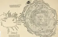 An illustration from Praeclara Ferdinãdi. Cortesii de noua maris oceani Hyspania narratio : sacratissimo. ac inuictissimo Carolo Romanoru imperatori semper augusto, Hyspaniaru, &c regi anno domini. M.D.XX. transmissa : in qua continentur plurima scitu, & admiratione digna circa egregias earu p[er]uintiaru vrbes, incolaru mores, pueroru sacrificia, & religiosas personas, potissimuq[ue] de celebri ciuitate Temixtitan variisq[ue] illi[us] mirabilib[us], que legete mirifice delectabut (1524)