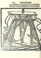 An illustration from Prattica manuale dell'artiglieria : doue si tratta dell'eccellenza, & origine dell'arte militare, e delle machine vsate da gli antichi : dell'inuentione della poluere, & artiglieria : del modo di condurla per acqua, e per terra, e piantarla in qual si voglia impresa : di fabricar le mine per mandar' in aria fortezze, e montagne : di fuochi artificiali : e di varij secreti, & importantissimi auuertimenti all'vso della guerra vtilissimi, e necessarij : e nel fine d'vn molto copioso, & importante essamine de'bombardieri ... (1606)