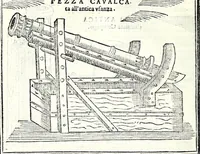An illustration from Prattica manuale dell'artiglieria : doue si tratta dell'eccellenza, & origine dell'arte militare, e delle machine vsate da gli antichi : dell'inuentione della poluere, & artiglieria : del modo di condurla per acqua, e per terra, e piantarla in qual si voglia impresa : di fabricar le mine per mandar' in aria fortezze, e montagne : di fuochi artificiali : e di varij secreti, & importantissimi auuertimenti all'vso della guerra vtilissimi, e necessarij : e nel fine d'vn molto copioso, & importante essamine de'bombardieri ... (1606)