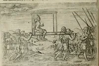 An illustration from Premier livre de l'histoire de la navigation aux Indes Orientales, par les hollandois, et des choses a eux advenues : ensemble les conditions, les meurs, & manieres de vivres des nations, par eux abordees : plus les monnoyes, espices, drogues, & marchandises, & le pris d'icelles : davantage les decouvremens & apparences, situations, & costes maritimes des contrees : avec le vray pourtrait au vif des habitans : le tout par plusieurs figures illustré : tres-recreatif a lire a tous navigans & amateurs des navigations lointaines, ez terres estrangeres (1609)