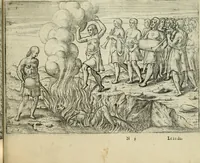 An illustration from Premier livre de l'histoire de la navigation aux Indes Orientales, par les hollandois, et des choses a eux advenues : ensemble les conditions, les meurs, & manieres de vivres des nations, par eux abordees : plus les monnoyes, espices, drogues, & marchandises, & le pris d'icelles : davantage les decouvremens & apparences, situations, & costes maritimes des contrees : avec le vray pourtrait au vif des habitans : le tout par plusieurs figures illustré : tres-recreatif a lire a tous navigans & amateurs des navigations lointaines, ez terres estrangeres (1609)