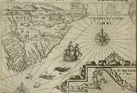 An illustration from Premier livre de l'histoire de la navigation aux Indes Orientales, par les hollandois, et des choses a eux advenues : ensemble les conditions, les meurs, & manieres de vivres des nations, par eux abordees : plus les monnoyes, espices, drogues, & marchandises, & le pris d'icelles : davantage les decouvremens & apparences, situations, & costes maritimes des contrees : avec le vray pourtrait au vif des habitans : le tout par plusieurs figures illustré : tres-recreatif a lire a tous navigans & amateurs des navigations lointaines, ez terres estrangeres (1609)