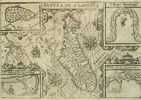 An illustration from Premier livre de l'histoire de la navigation aux Indes Orientales, par les hollandois, et des choses a eux advenues : ensemble les conditions, les meurs, & manieres de vivres des nations, par eux abordees : plus les monnoyes, espices, drogues, & marchandises, & le pris d'icelles : davantage les decouvremens & apparences, situations, & costes maritimes des contrees : avec le vray pourtrait au vif des habitans : le tout par plusieurs figures illustré : tres-recreatif a lire a tous navigans & amateurs des navigations lointaines, ez terres estrangeres (1609)