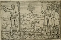 An illustration from Premier livre de l'histoire de la navigation aux Indes Orientales, par les hollandois, et des choses a eux advenues : ensemble les conditions, les meurs, & manieres de vivres des nations, par eux abordees : plus les monnoyes, espices, drogues, & marchandises, & le pris d'icelles : davantage les decouvremens & apparences, situations, & costes maritimes des contrees : avec le vray pourtrait au vif des habitans : le tout par plusieurs figures illustré : tres-recreatif a lire a tous navigans & amateurs des navigations lointaines, ez terres estrangeres (1609)